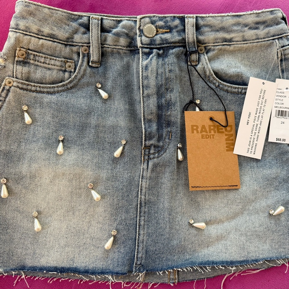 RARE DNM EDIT Pearl And Rhinestone Denim Mini Skirt